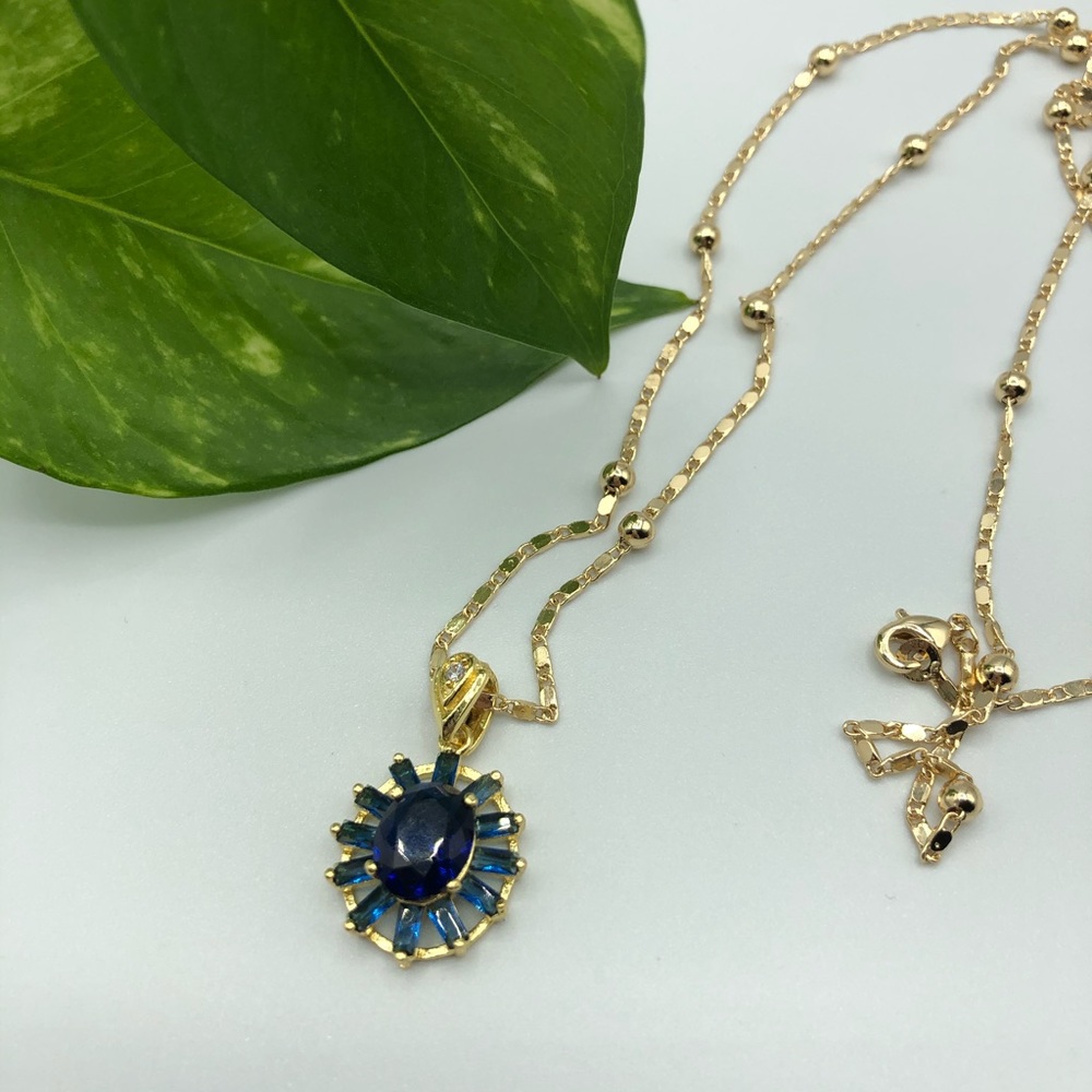 Gold plated jewelry, blue stones pendant, chain